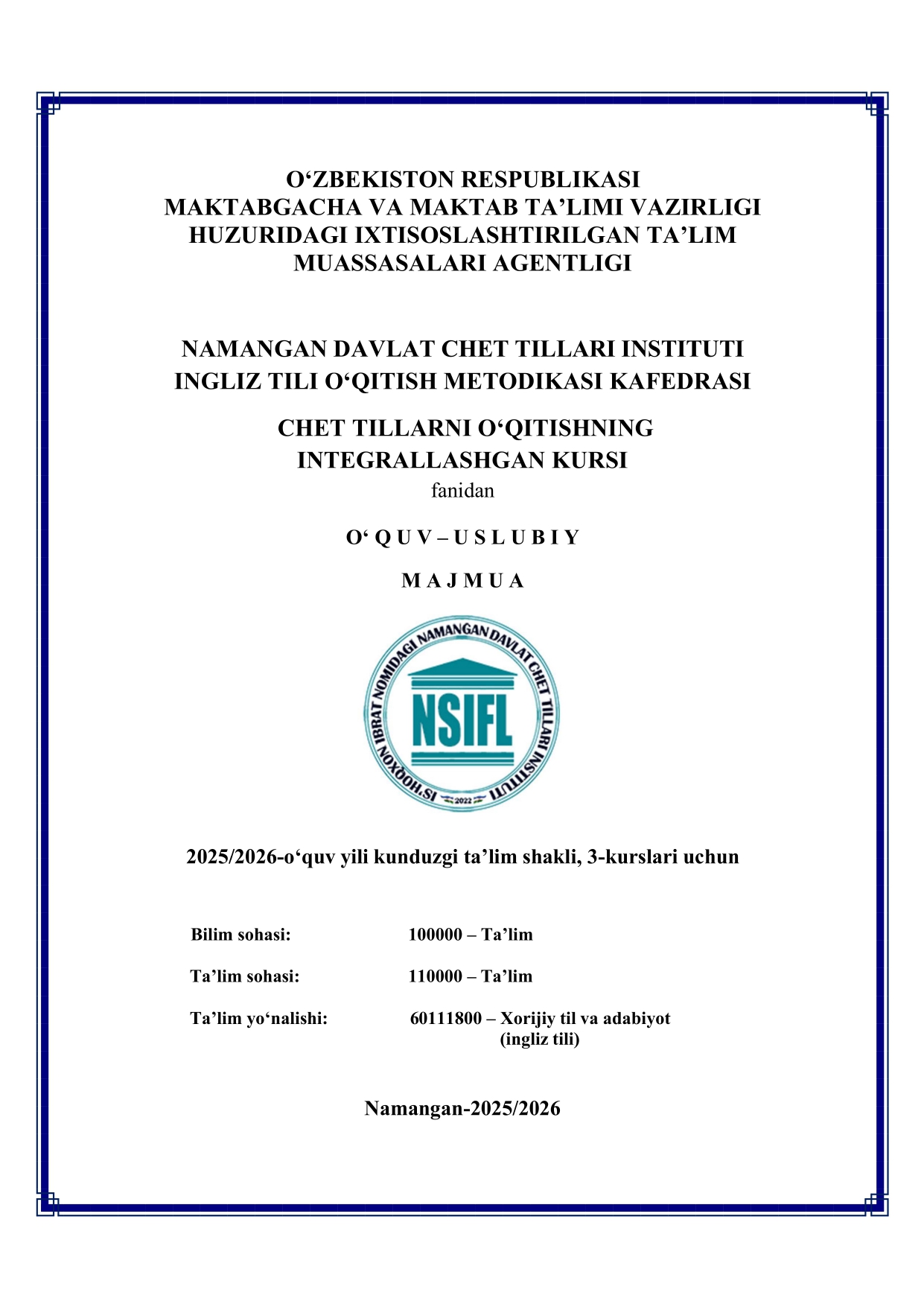 CHET TILLARNI O‘QITISHNING INTEGRALLASHGAN KURSI