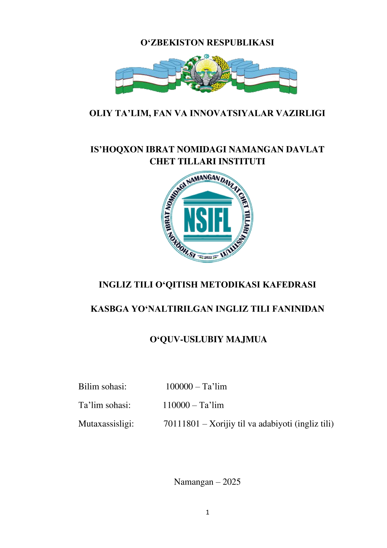 KASBGA YO‘NALTIRILGAN INGLIZ TILI FANIDAN