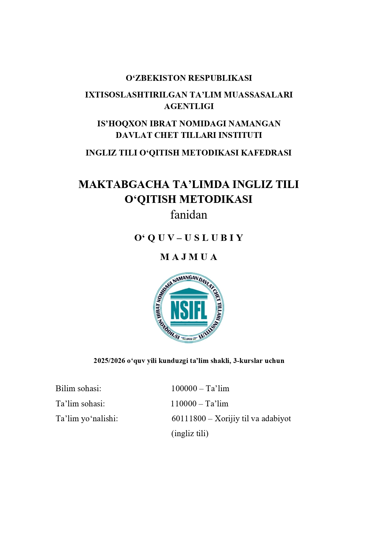 MAKTABGACHA TA’LIMDA INGLIZ TILI O‘QITISH METODIKASI